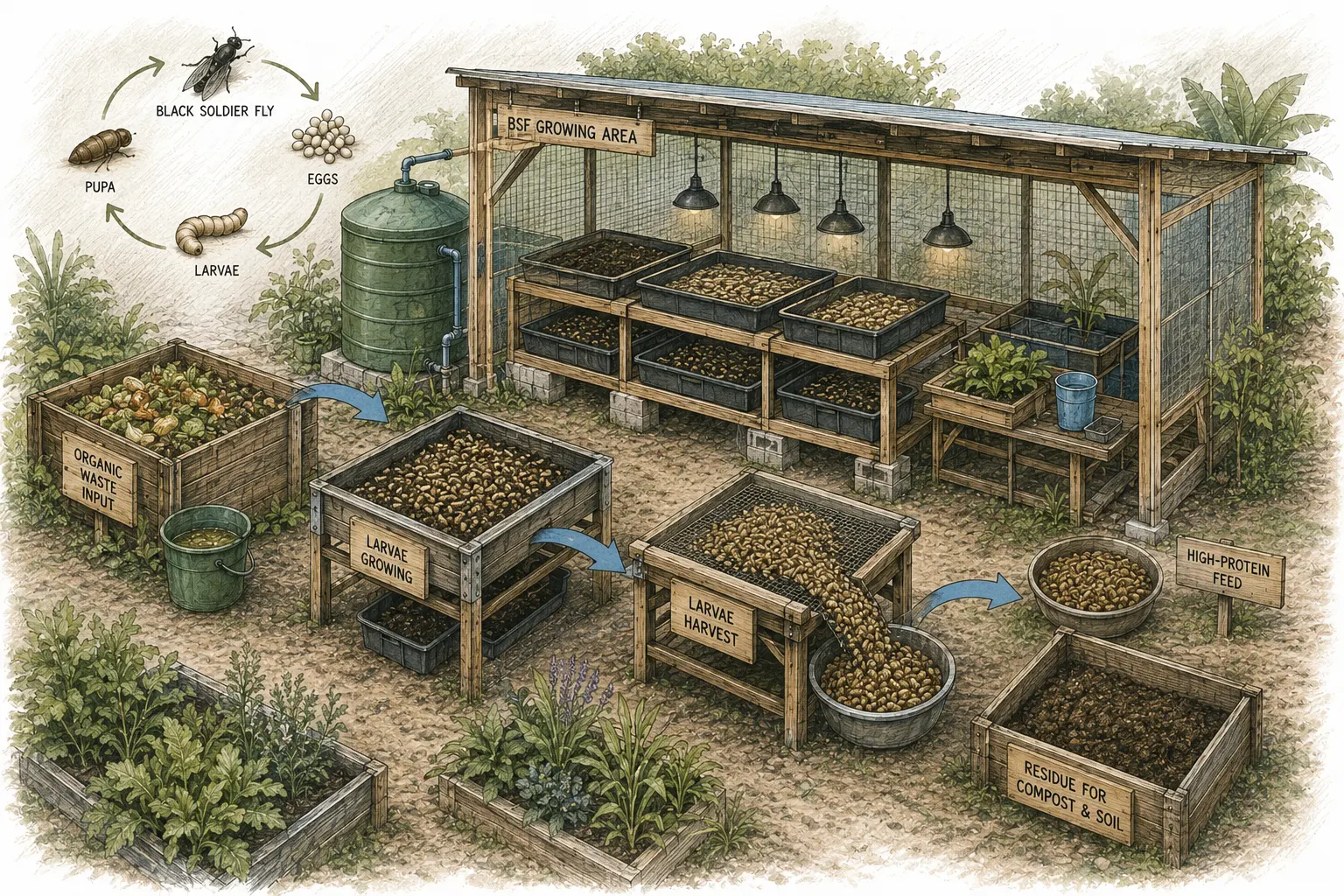 Black Soldier Fly pilot connecting organic material to feed support
