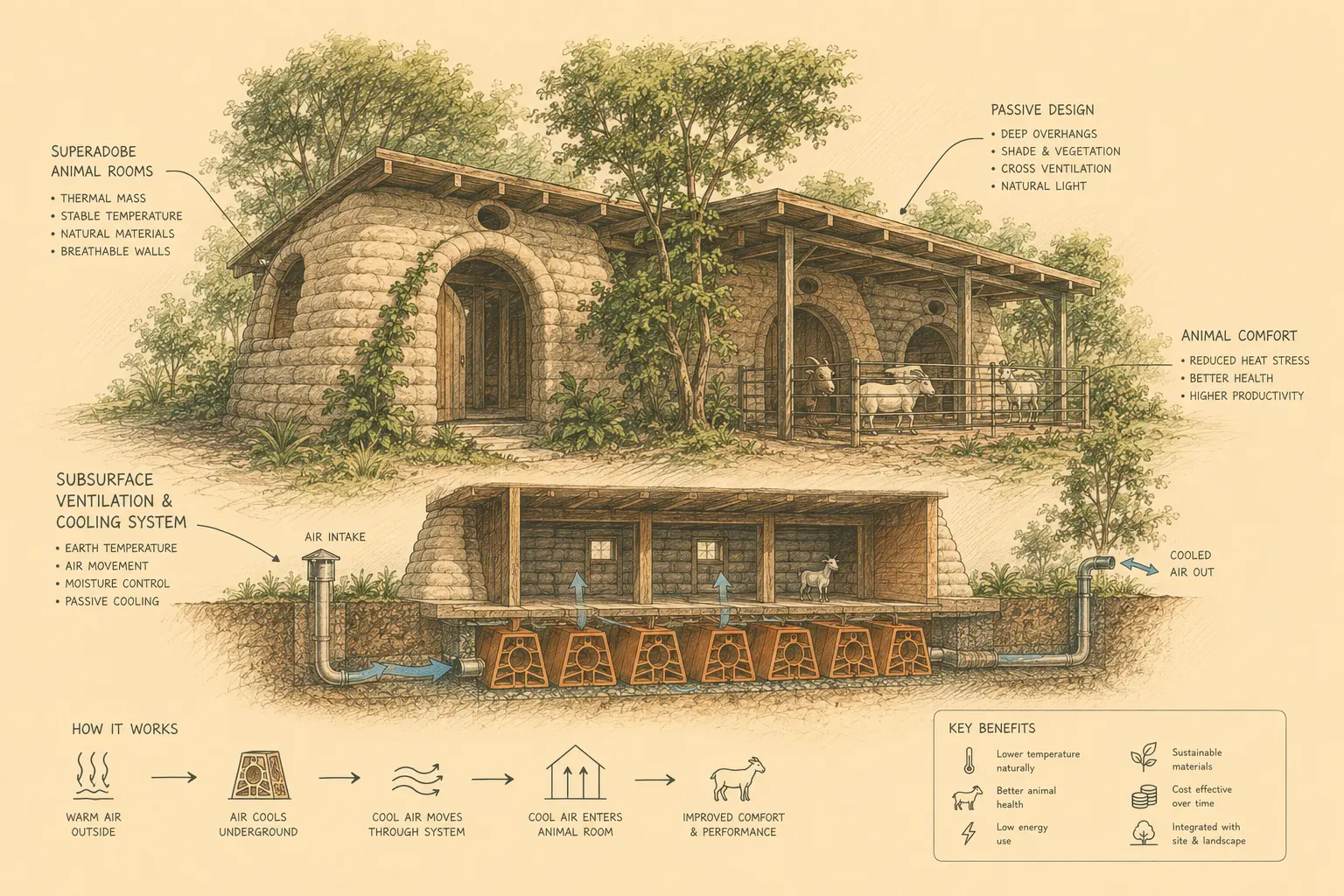 Subsurface Territh cooling and ventilation connected to an Agrith animal environment